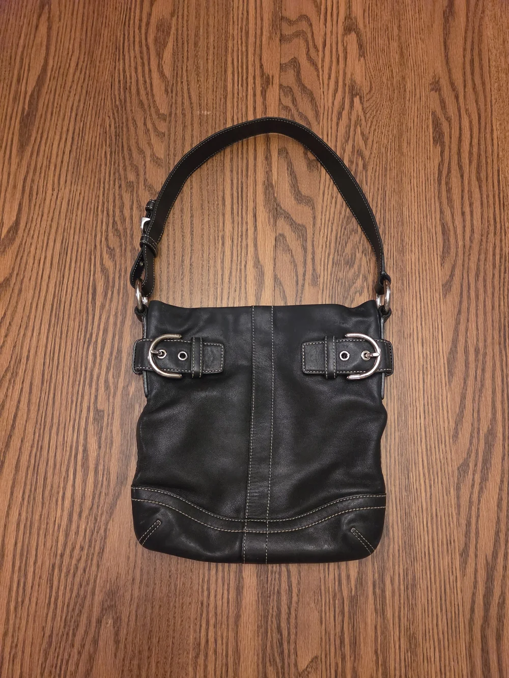 Coach Soho Black Leather Shoulder Bag with Buckle Detail